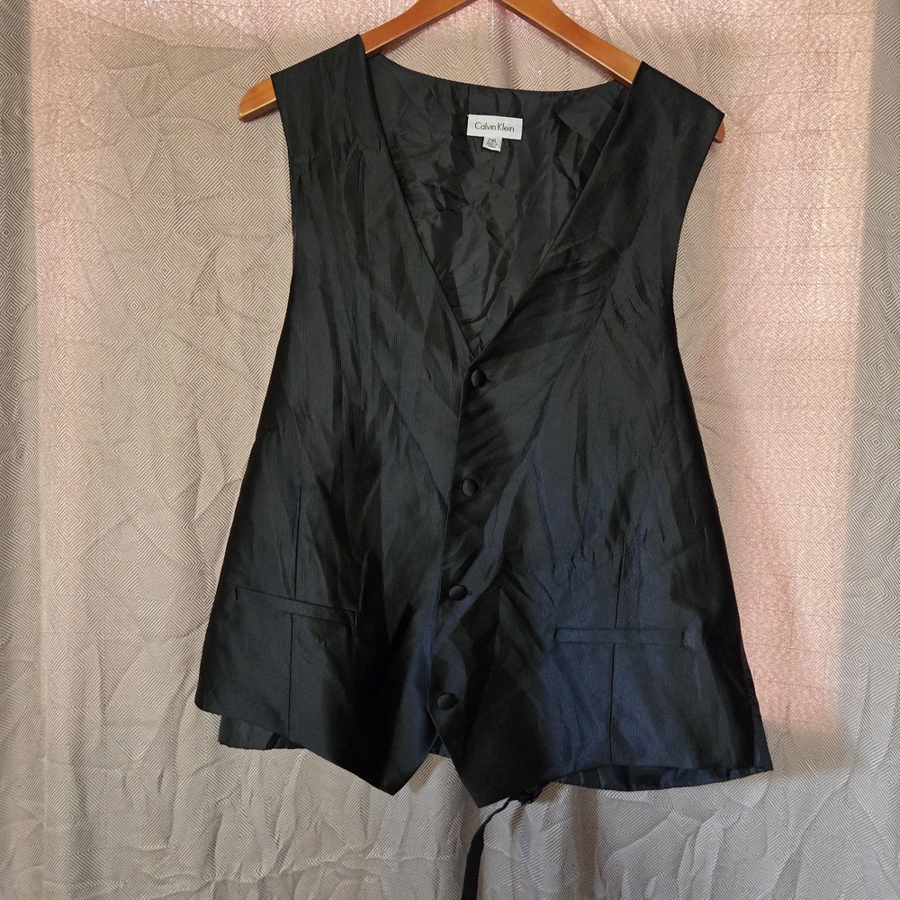Calvin Klein Suit Vest Mens 2XL Black Polyester 5 Button Belted Back Formal